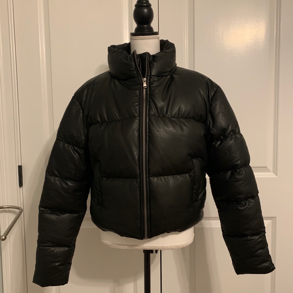 Faux Leather Black Cropped Puffer Coat - Medium